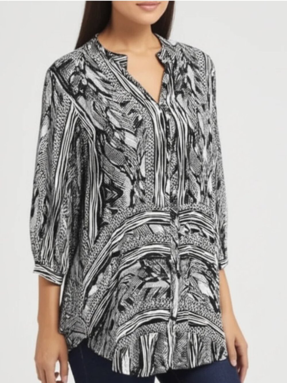 Style & Co. Women Blouse ¾ Sleeve Abstract Animal `Print Black & White Medium